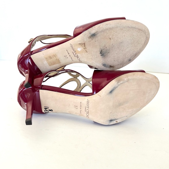 JIMMY CHOO Ivette Burgundy Patent Leather Double Side Buckle Heel Sandals Sz 37 - Picture 10 of 11
